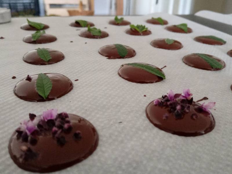 Mendiants de chocolat noir et fleurs comestibles à la serre o délices de Biganos